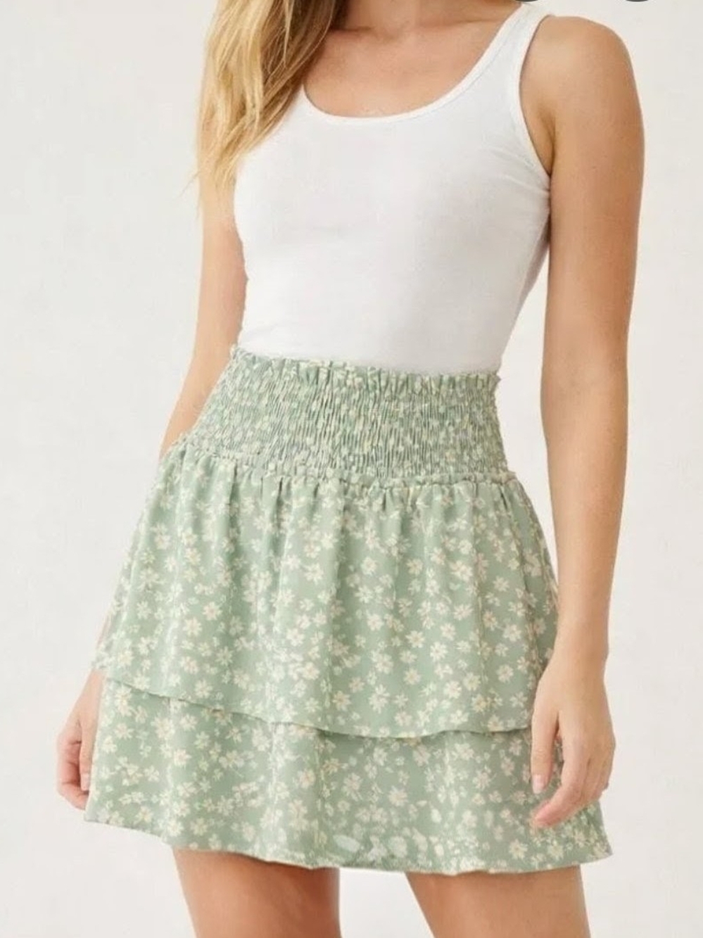 Smocked High-Waist Green Floral Tiered Mini Skirt